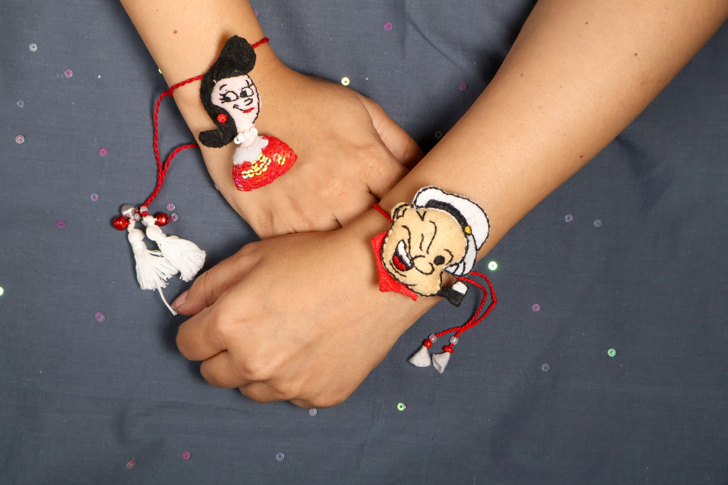 Hand embroidered Popeye and Olive Rakhi Lumba (Set of 2)
