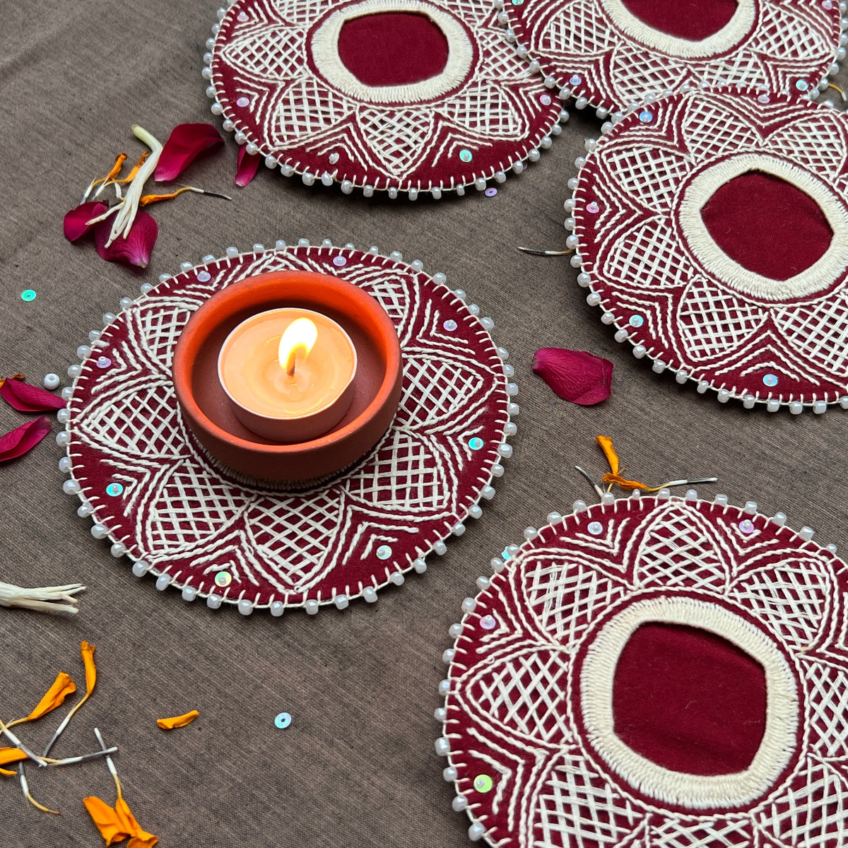 Hand Embroidered Aipan Jaali Phool Diya Holder (pair)