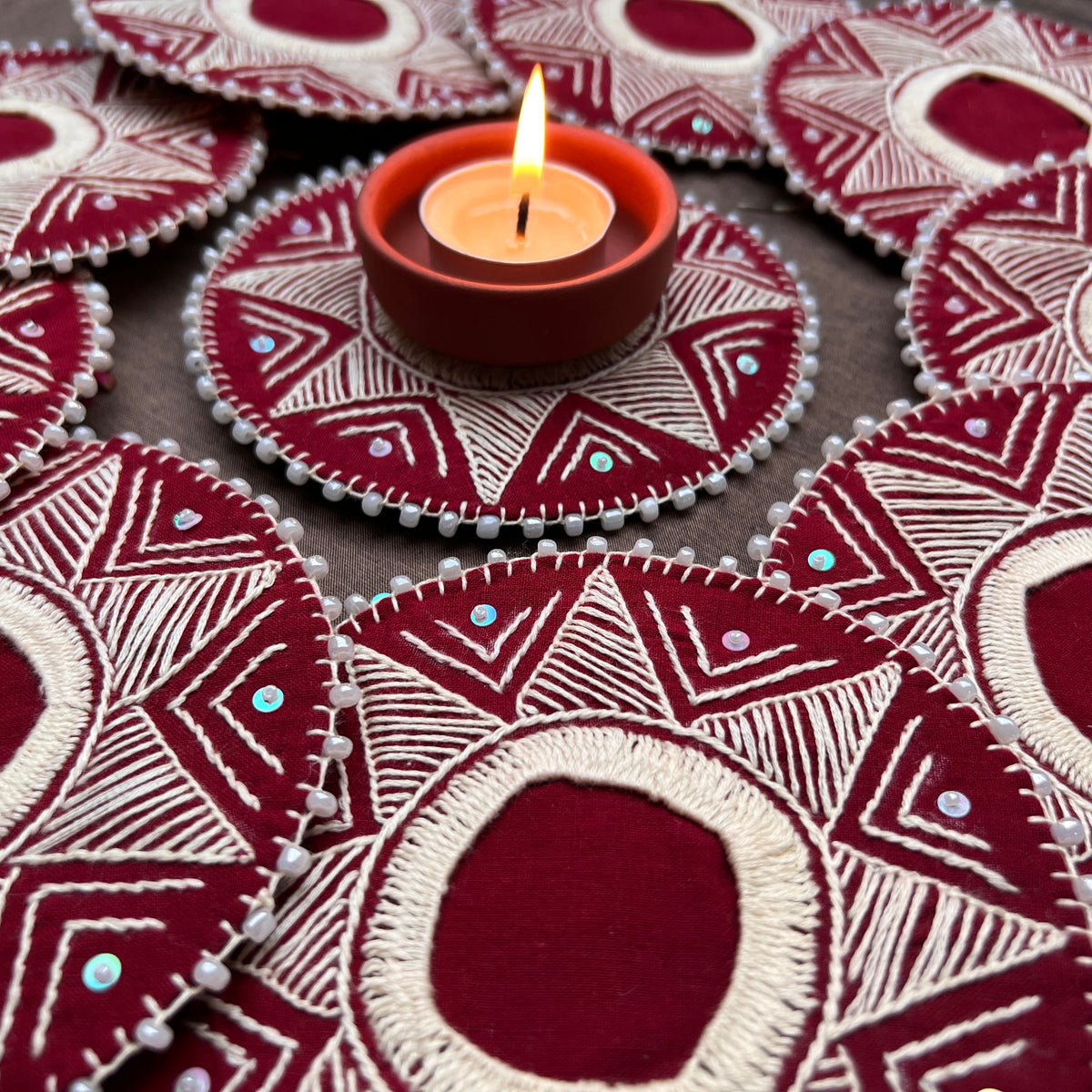 Hand Embroidered Aipan Ashtatrikon Diya Holder (pair)