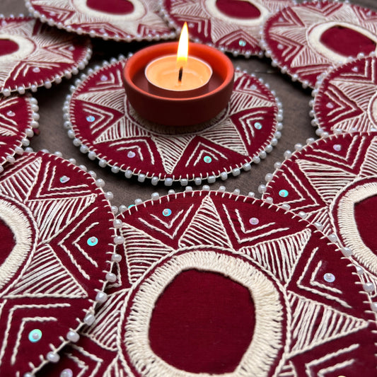 Hand Embroidered Aipan Ashtatrikon Diya Holder (pair)