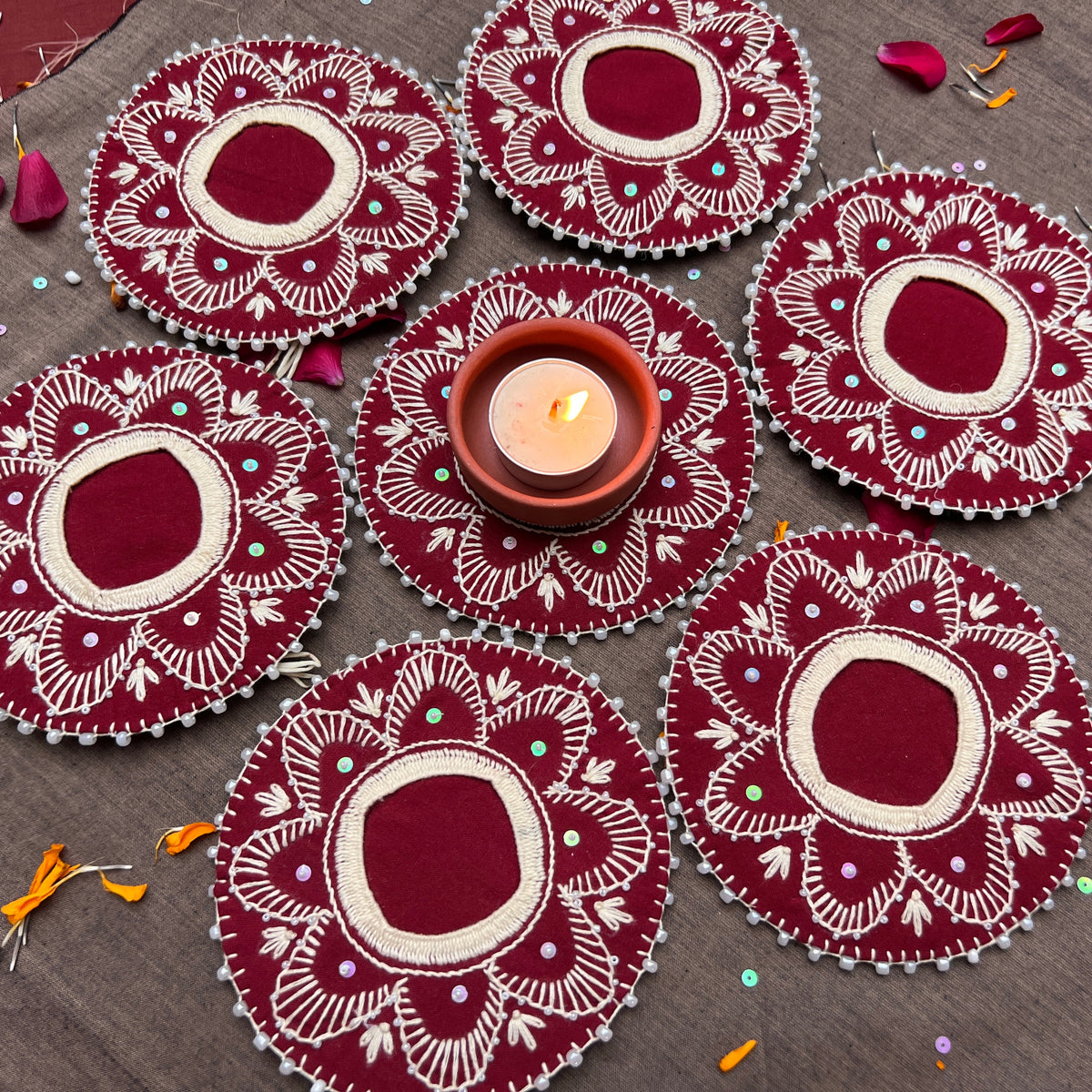 Hand Embroidered Aipan Phulwari Diya Holder (pair)