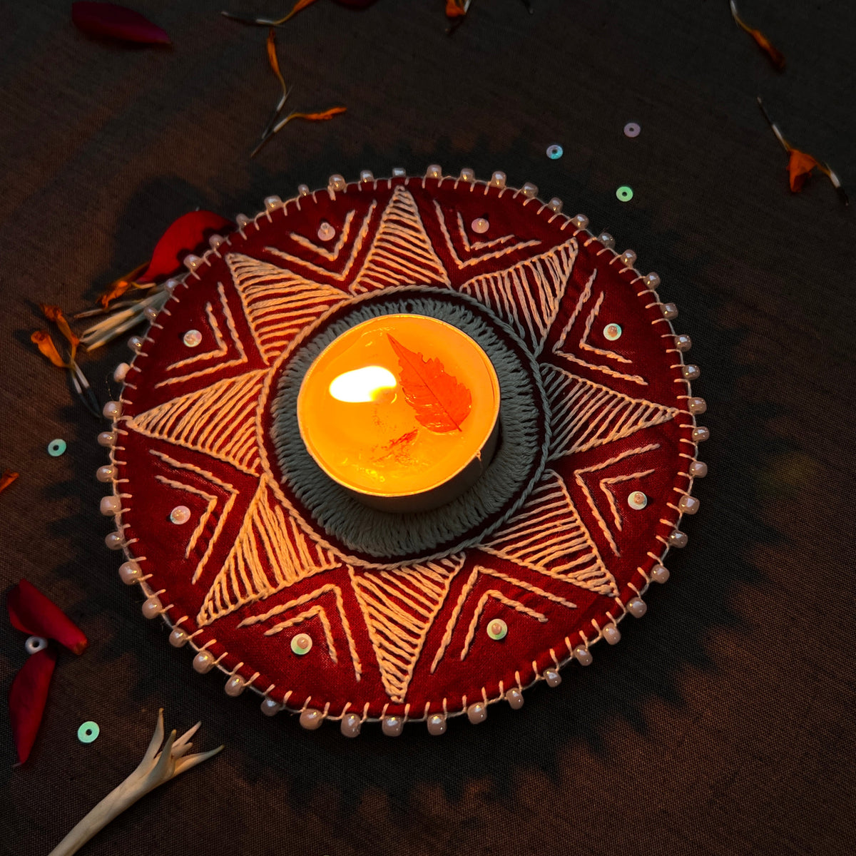 Hand Embroidered Aipan Ashtatrikon Diya Holder (pair)