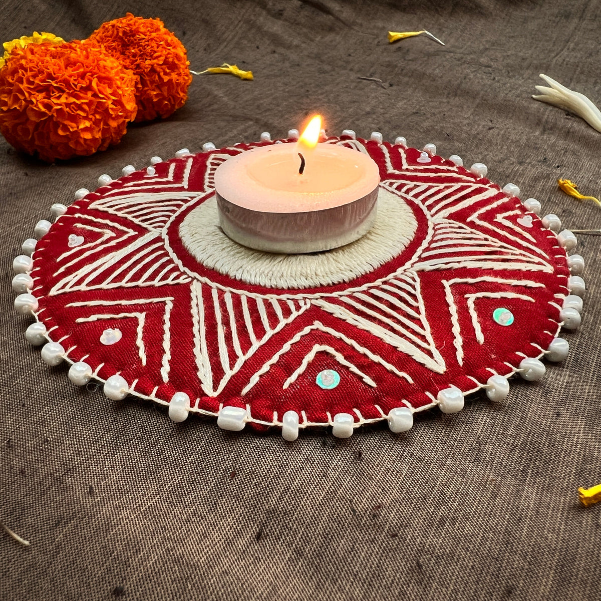 Hand Embroidered Aipan Ashtatrikon Diya Holder (pair)