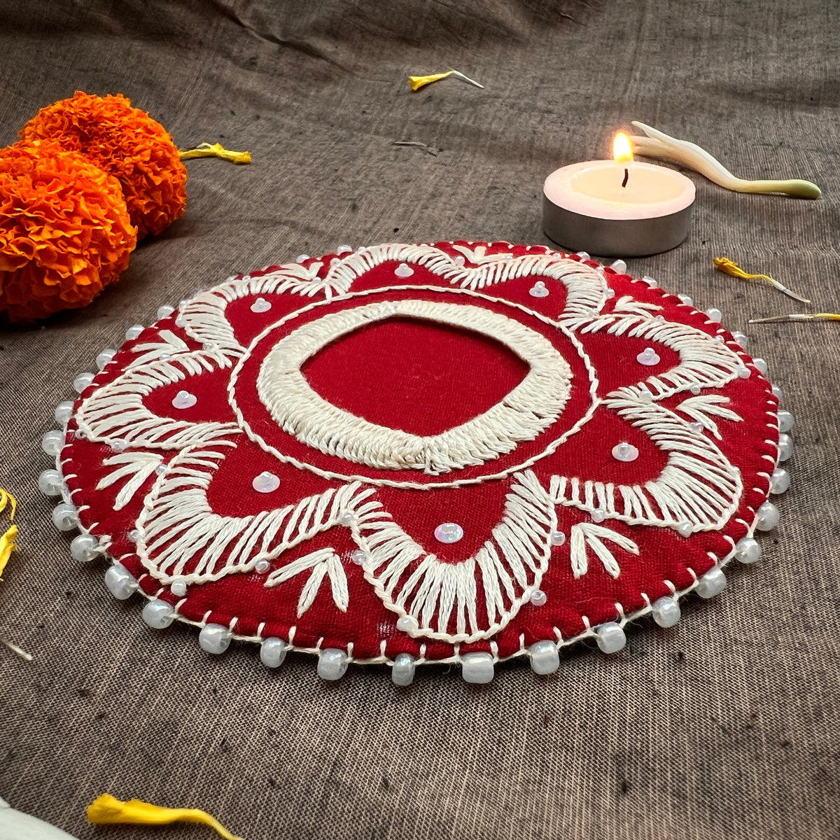 Hand Embroidered Aipan Phulwari Diya Holder (pair)