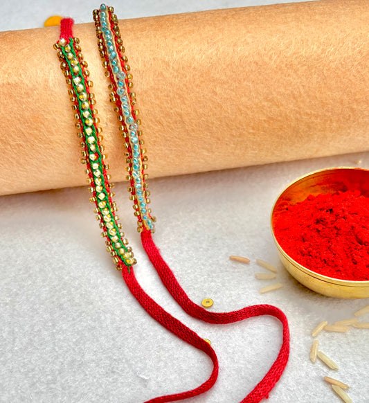 Hand embroidered Beaded Chain Rakhi (Set of 2)- Green-Beige