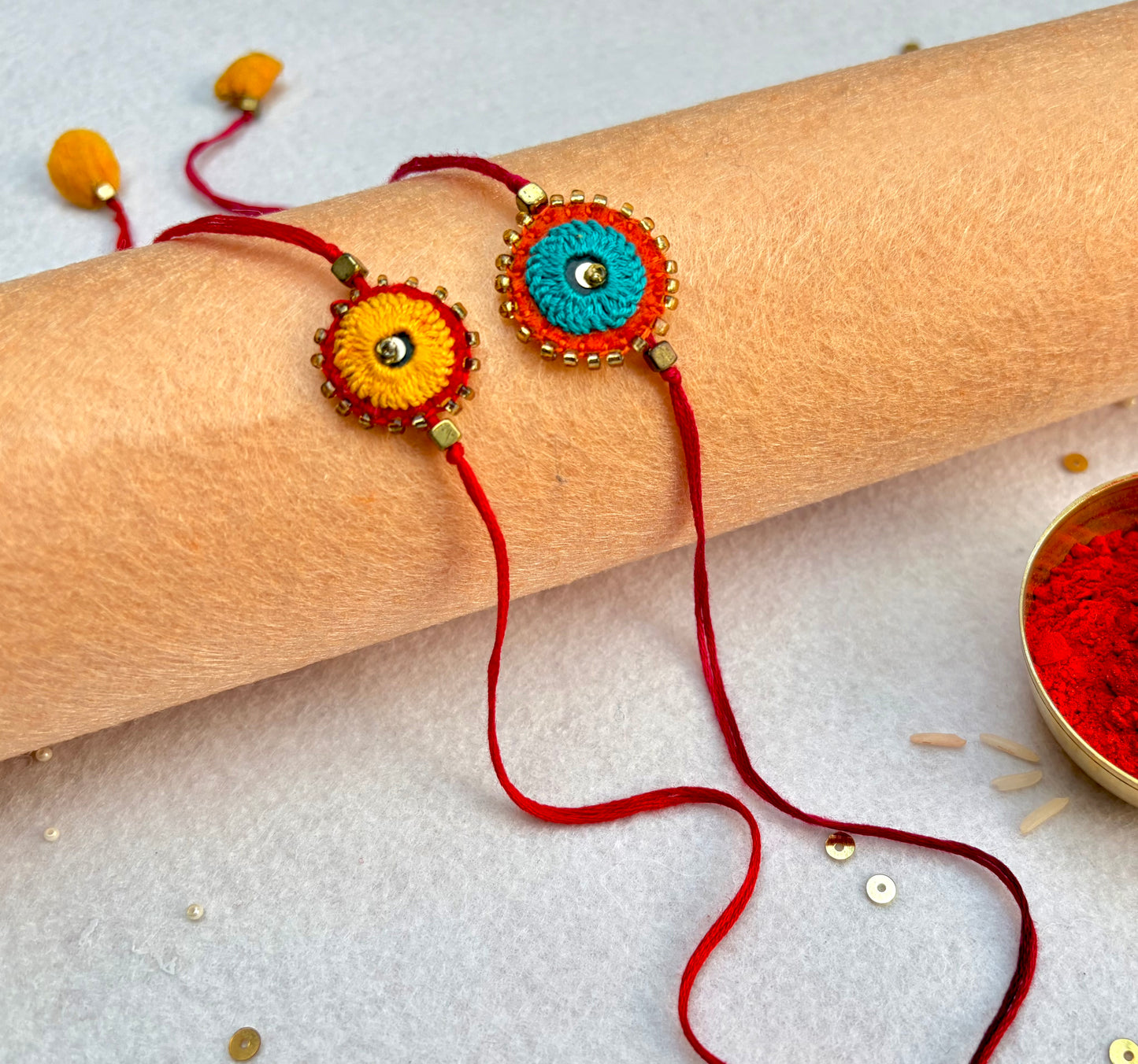 Hand embroidered Sheesha Rakhi (Set of 2) Yellow-Blue