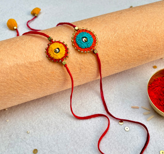 Hand embroidered Sheesha Rakhi (Set of 2) Yellow-Blue