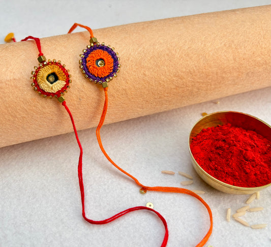Hand embroidered Sheesha Rakhi (Set of 2) Beige-Orange