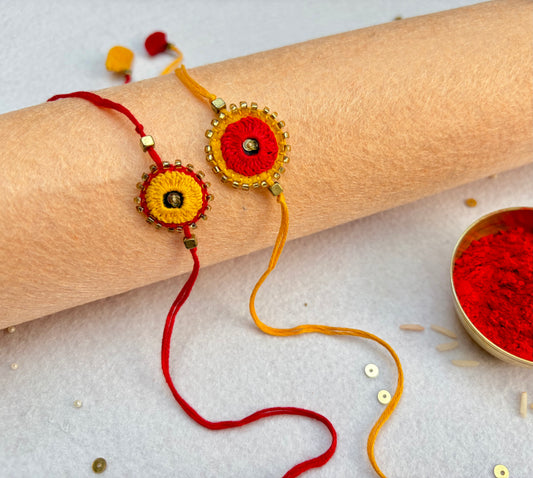Hand embroidered Sheesha Rakhi (Set of 2) Red-Yellow