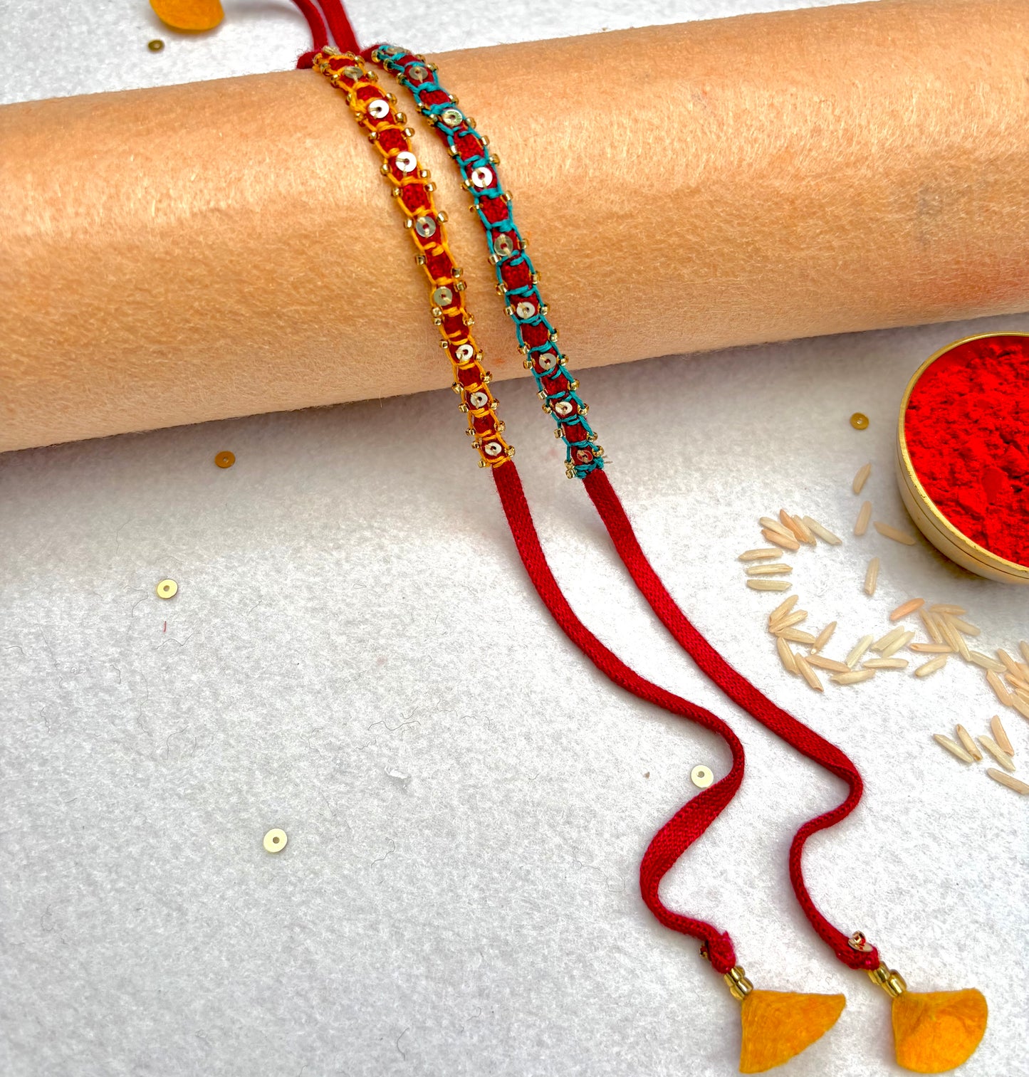 Hand embroidered Blanket Sequin Rakhi (Set of 2)- Turquoise-Yellow