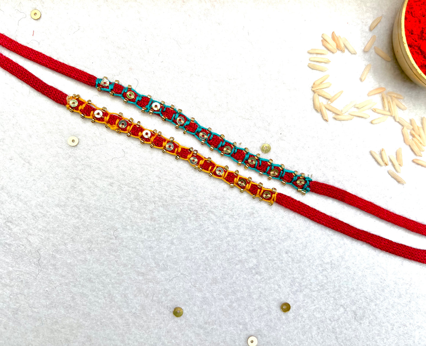 Hand embroidered Blanket Sequin Rakhi (Set of 2)- Turquoise-Yellow