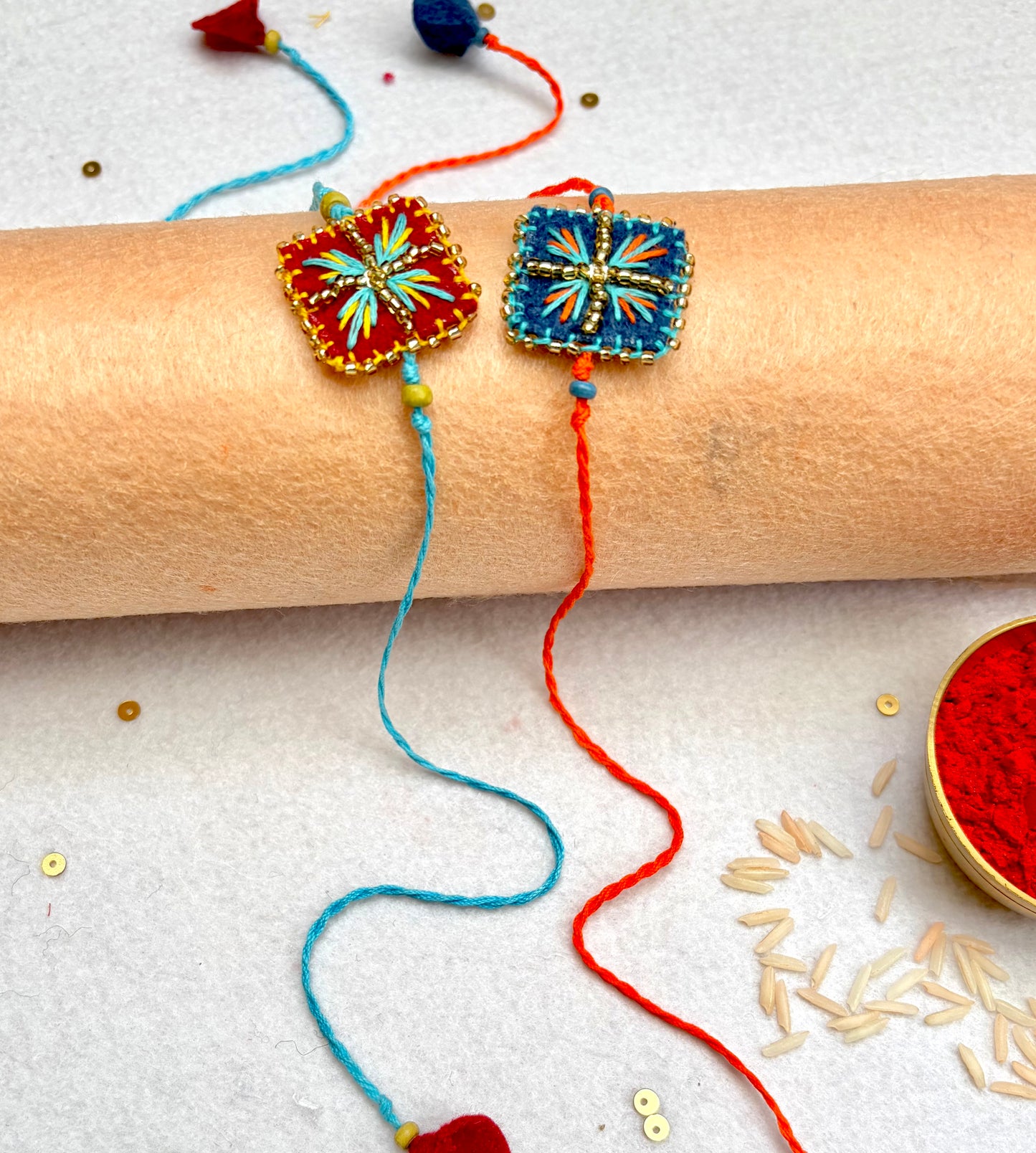 Hand embroidered Chowk Rakhi (Set of 2)- Blue-Red