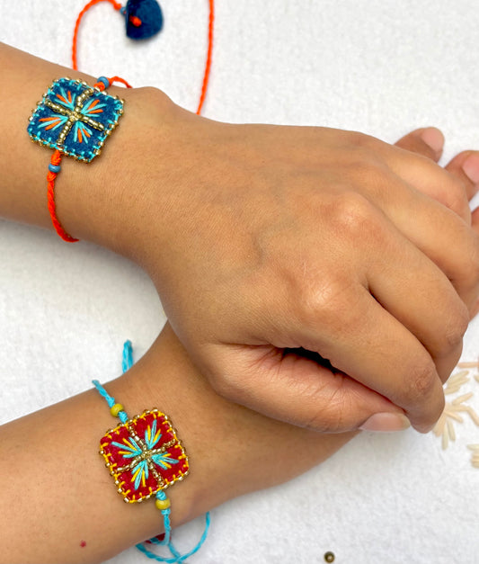 Hand embroidered Chowk Rakhi (Set of 2)- Blue-Red